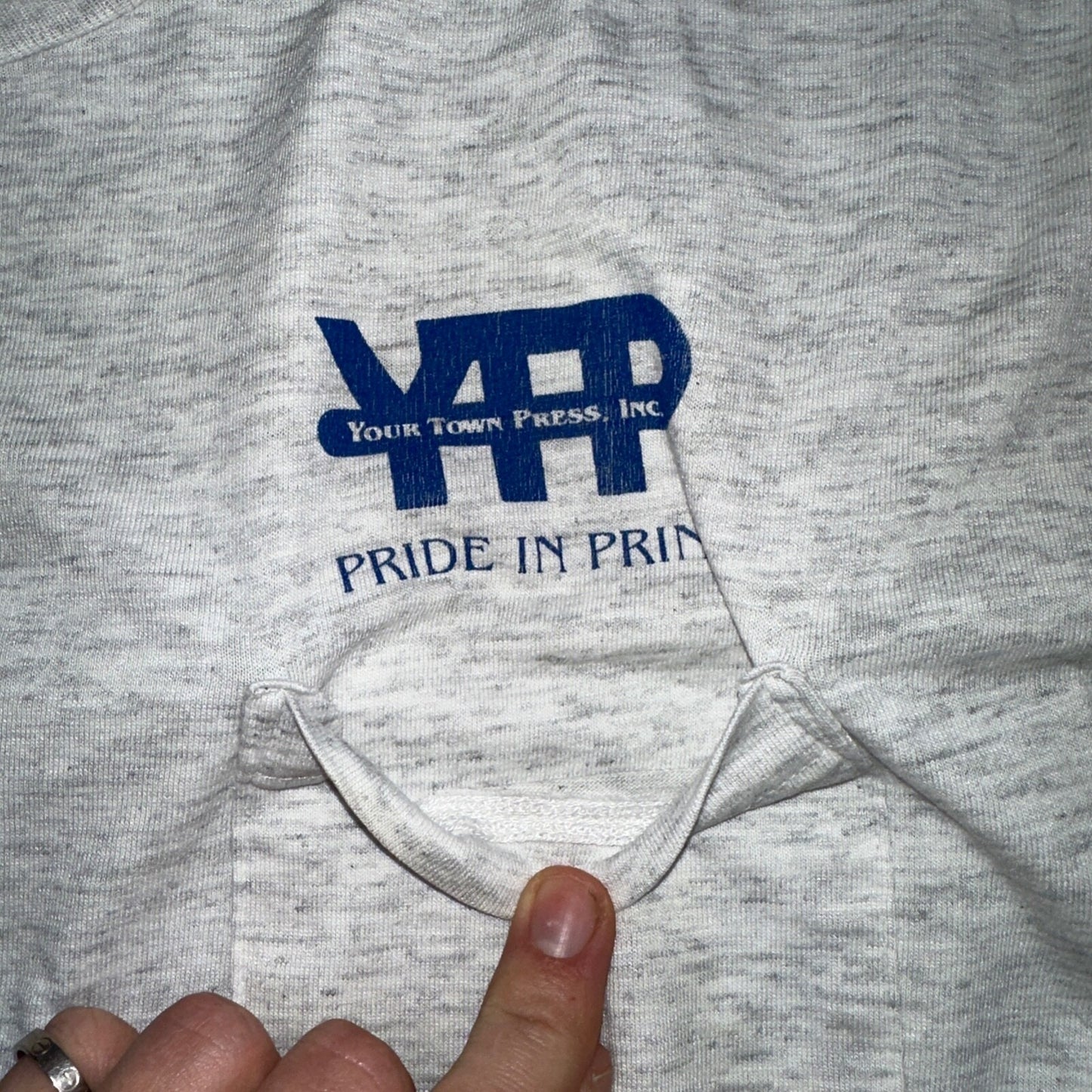 Oneita Pride In Print Designer VTG T Shirt Thrashed Hole Gray Pocket Chest Print