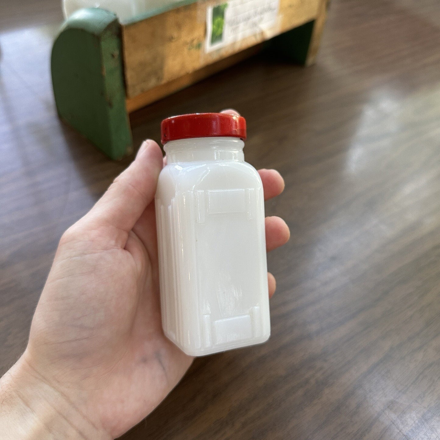 Griffith Milk Glass Spice Jar Set with Wooden Rack USA 1930s Art Deco 12 Pc