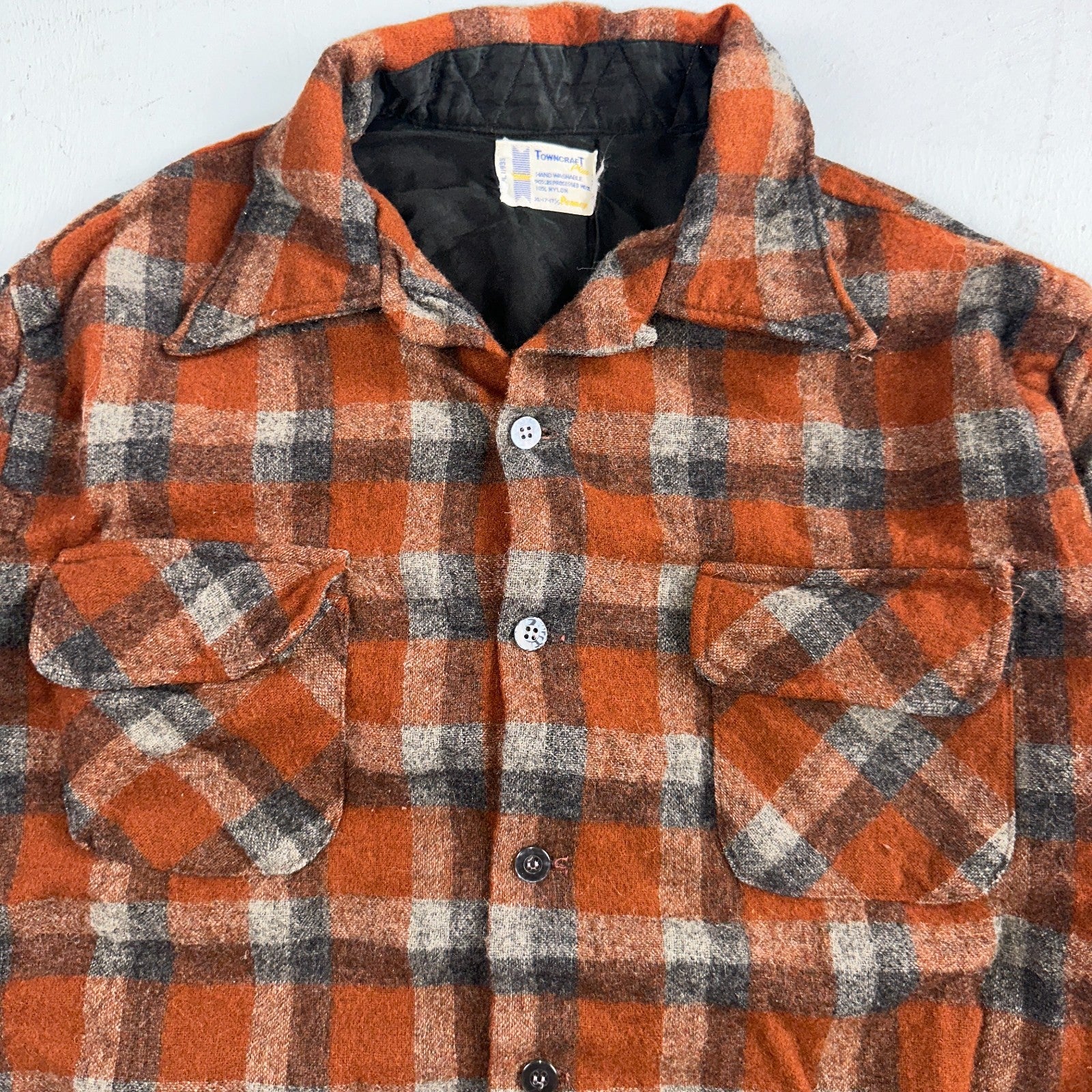 Vintage 60s 70s Towncraft Wool Flannel Blend Button Up Shirt Penneys XL Orange
