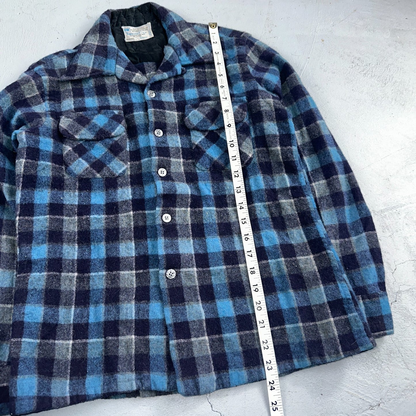 Vintage 60s 70s Towncraft Wool Flannel Blend Button Up Shirt Penneys M Blue