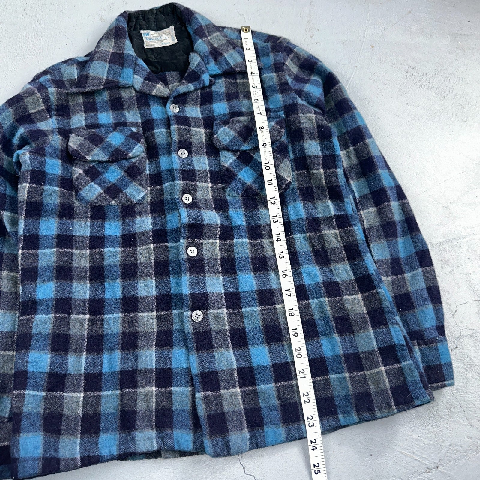 Vintage 60s 70s Towncraft Wool Flannel Blend Button Up Shirt Penneys M Blue