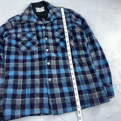 Vintage 60s 70s Towncraft Wool Flannel Blend Button Up Shirt Penneys M Blue