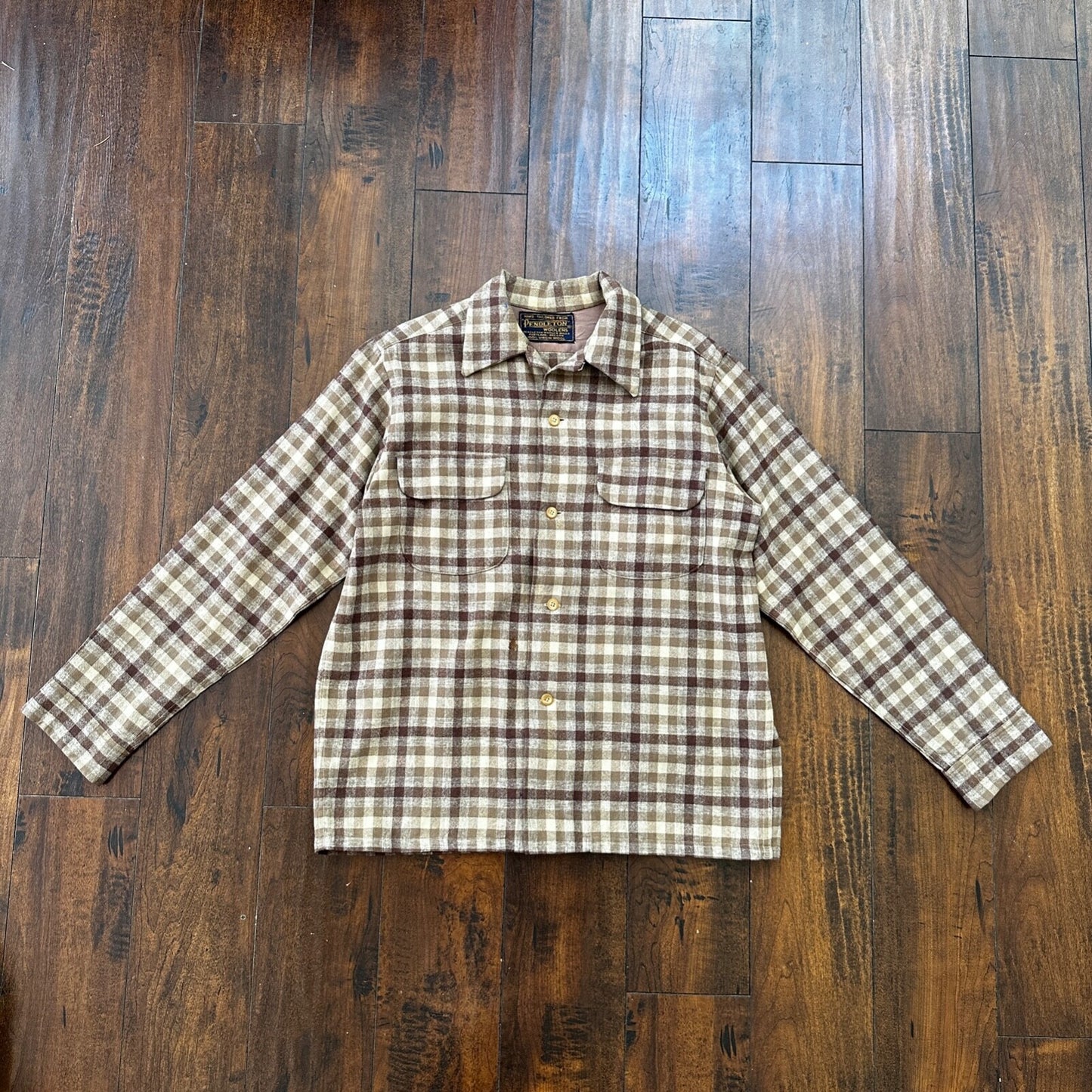 VTG 1950s Pendleton Board Shirt Loop Virgin Wool Plaid Flannel Shirt 50s Brown