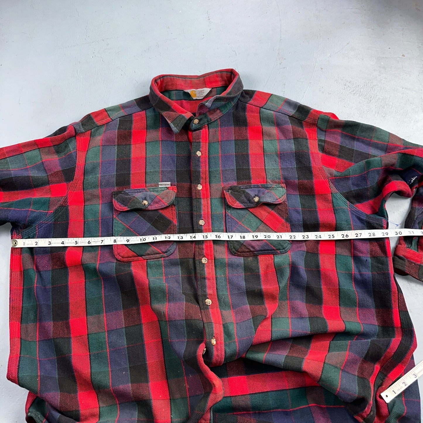 Carhartt Shirt Mens 2XL Red Buffalo Plaid Button Down Long Sleeve Distressed