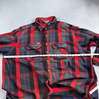 Carhartt Shirt Mens 2XL Red Buffalo Plaid Button Down Long Sleeve Distressed
