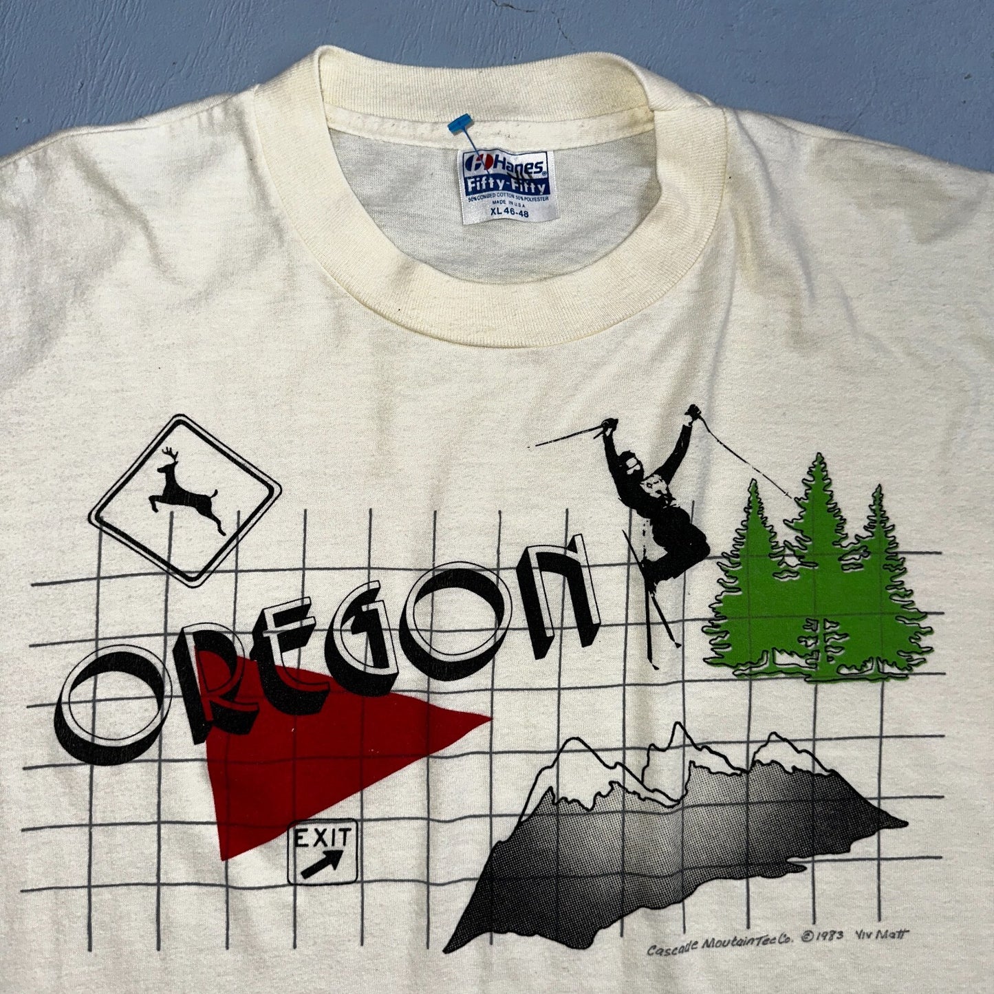 Oregon Ski Deer Mountains 80s Hanes 50/50 VTG T Shirt Grid Sports Travel USA