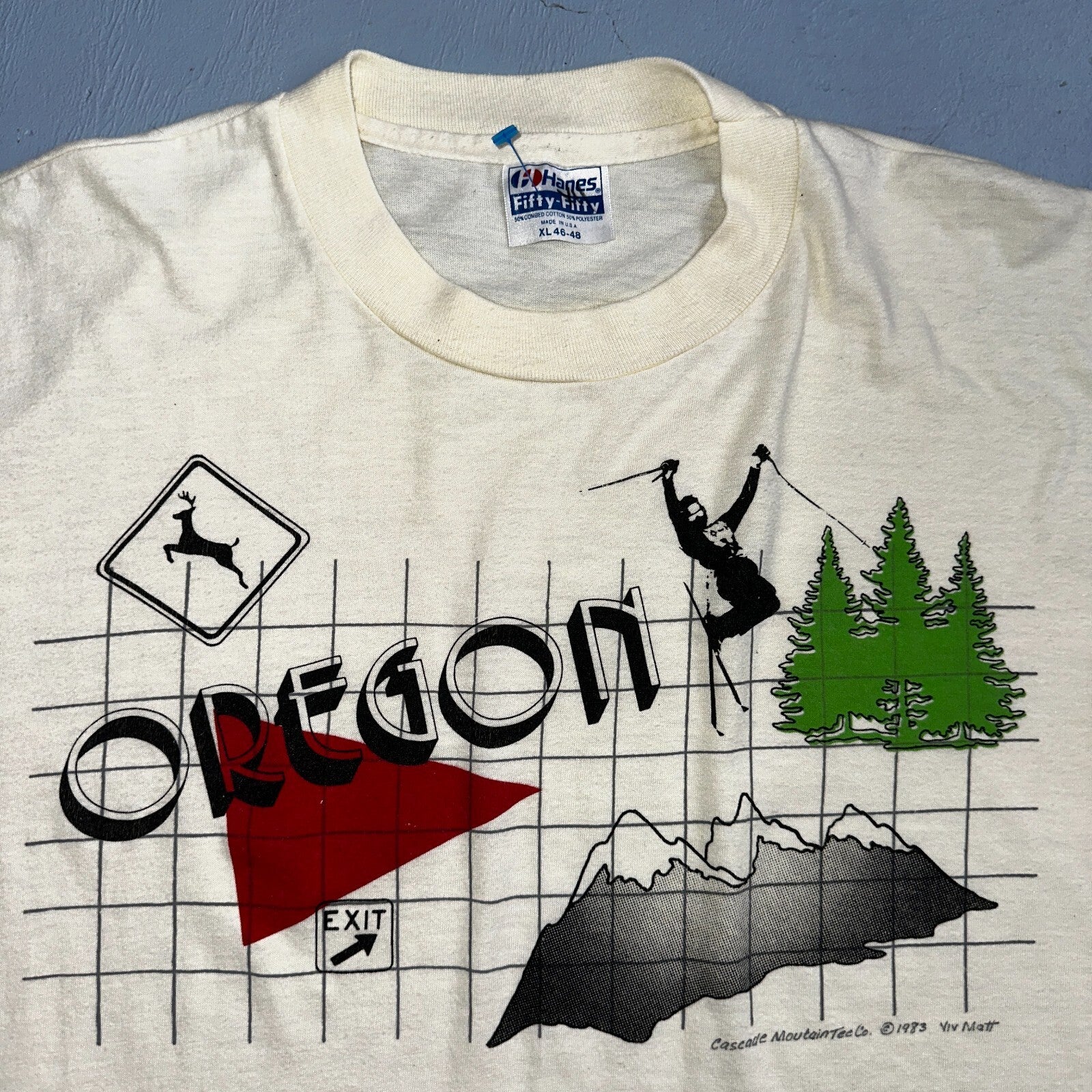Oregon Ski Deer Mountains 80s Hanes 50/50 VTG T Shirt Grid Sports Travel USA