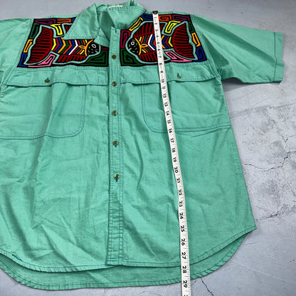 Chacal Tropical VTG Fish Short Sleeve Button Up Shirt L Green Hawaiian USA 80s