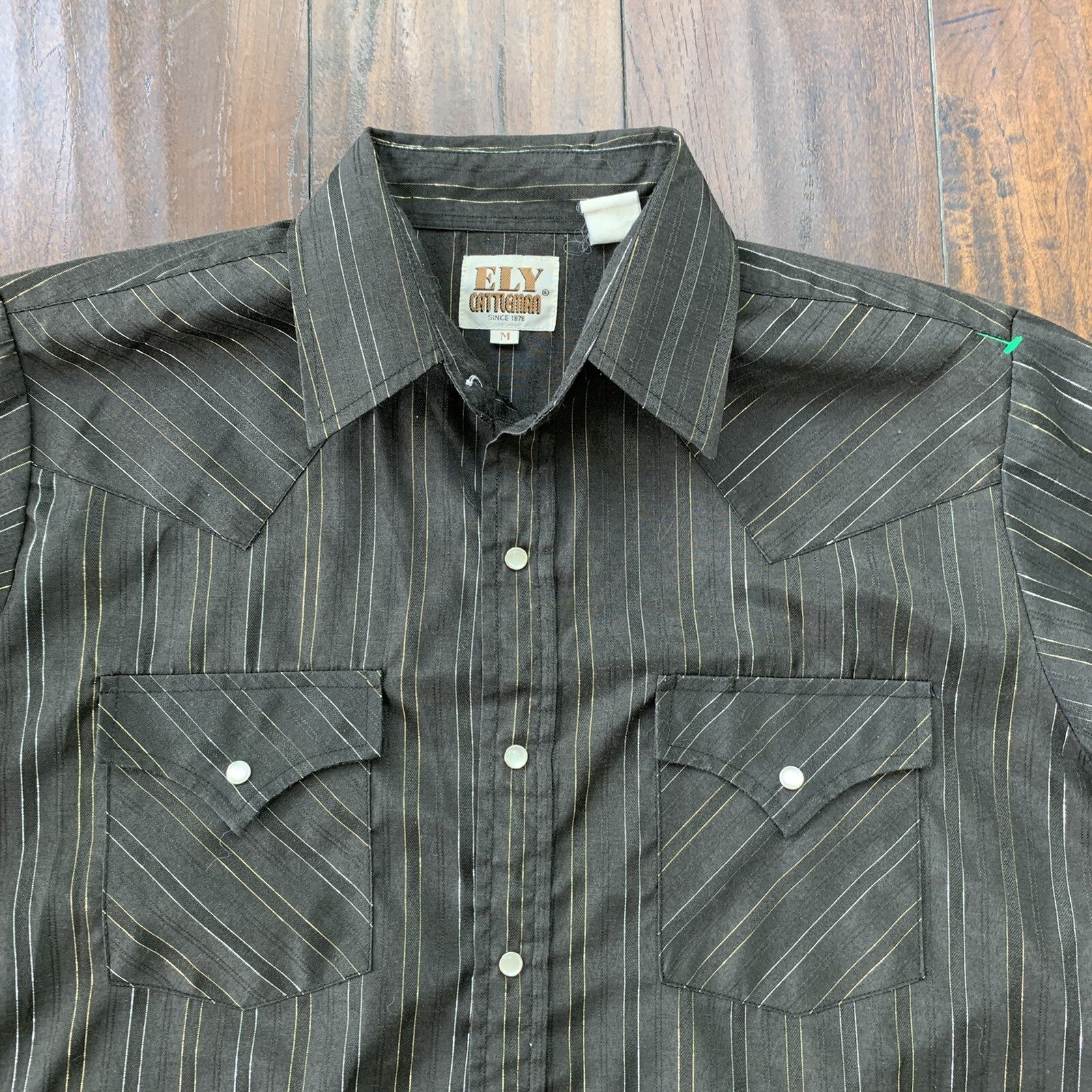 Vintage 60s Ely Cattleman Pearl Snap M Western Shirt Black Silver Gold 70s True