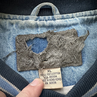 Vintage Oregon 90s Denim Varsity Jacket Bomber Salem Auto NASCAR Racing Thrashed