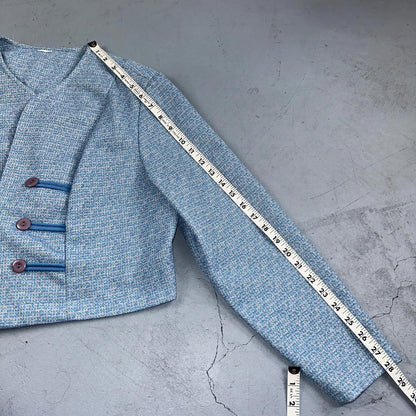 Vtg 70s Blazer Womens Blue Wool Houndstooth Knit Collar Luxury Office USA