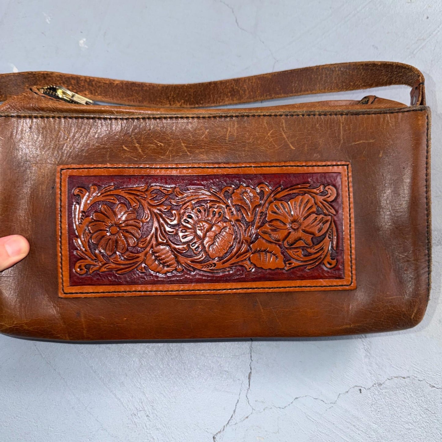 VTG Leather Bag Clutch Western Hand Tooled Leather Purse Saddle Brown Wallet
