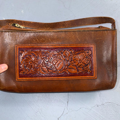 VTG Leather Bag Clutch Western Hand Tooled Leather Purse Saddle Brown Wallet