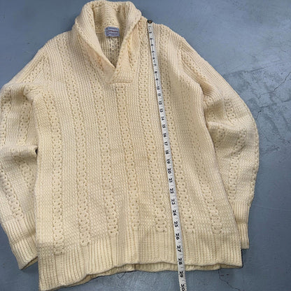 Penneys 1950s Wool Sweater Cream Shawl Collar Heritage Fisherman Knit Rockabilly