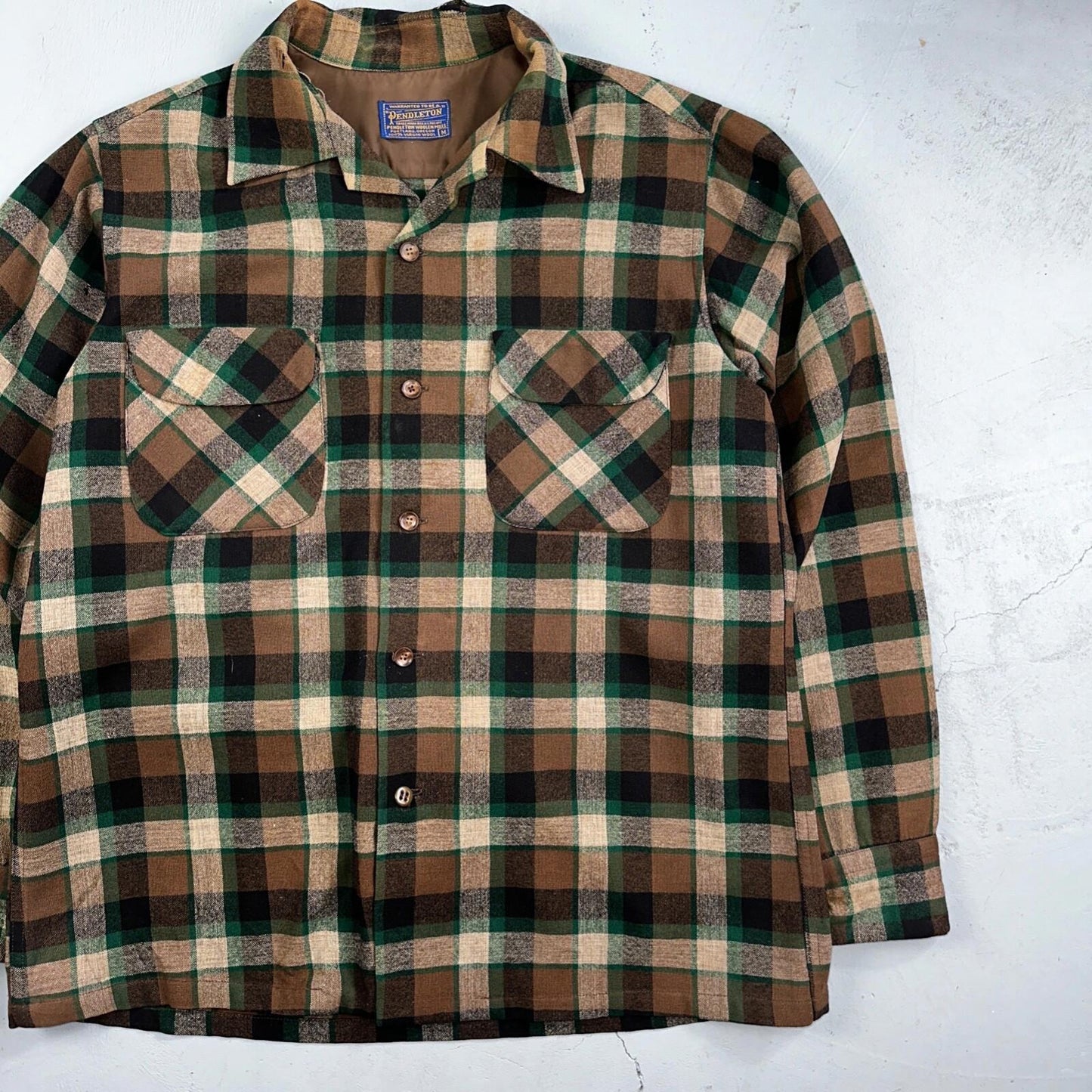 Pendleton 1950s Loop Collar Board Shirt Wool Plaid Flannel Shirt Brown Green VTG