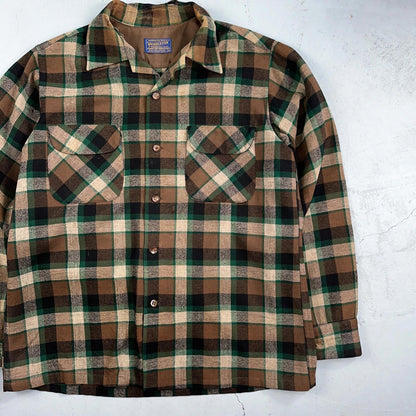 Pendleton 1950s Loop Collar Board Shirt Wool Plaid Flannel Shirt Brown Green VTG