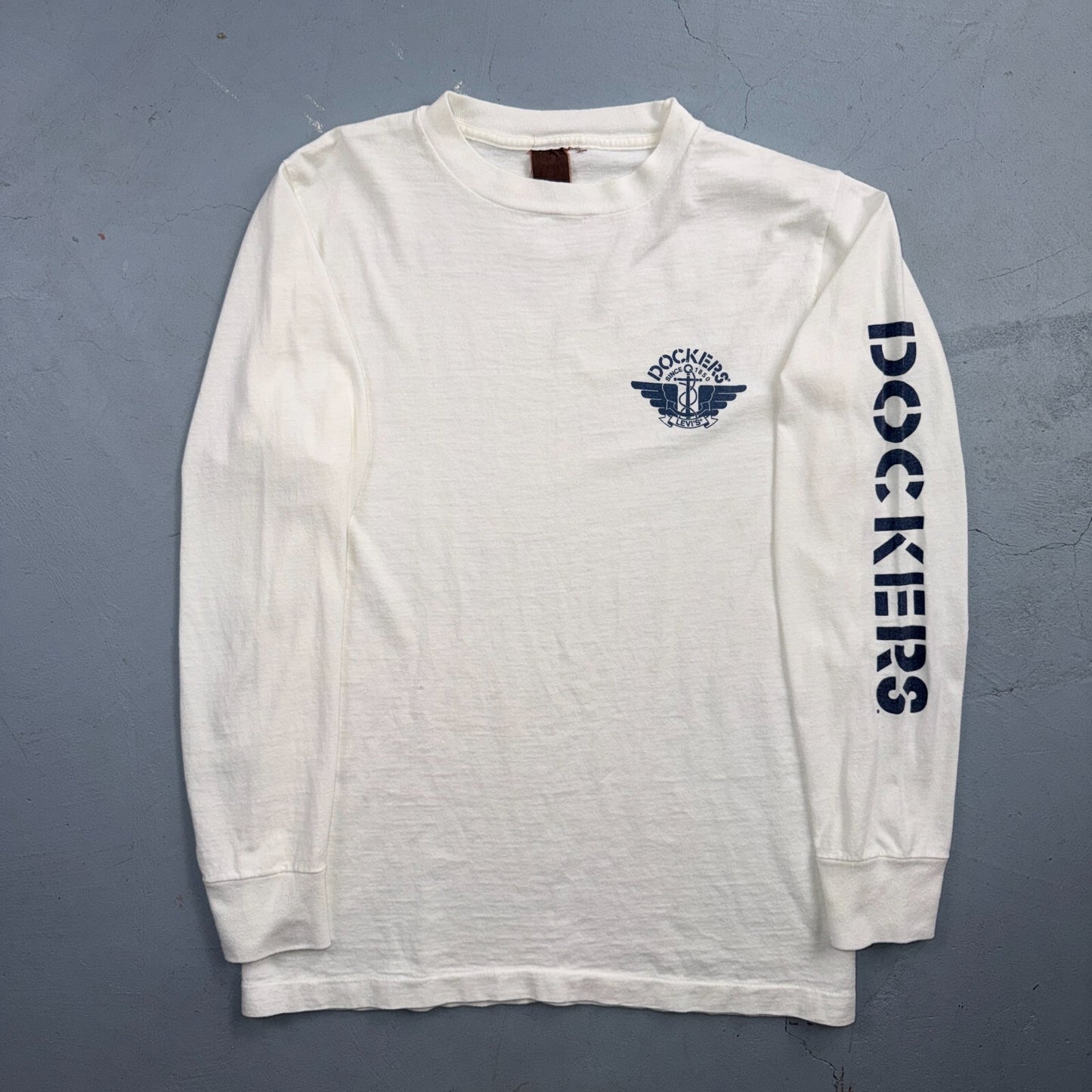 VTG 80s Dockers Levis Long Sleeve T Shirt Spellout Sleeve Logo Made USA Big E