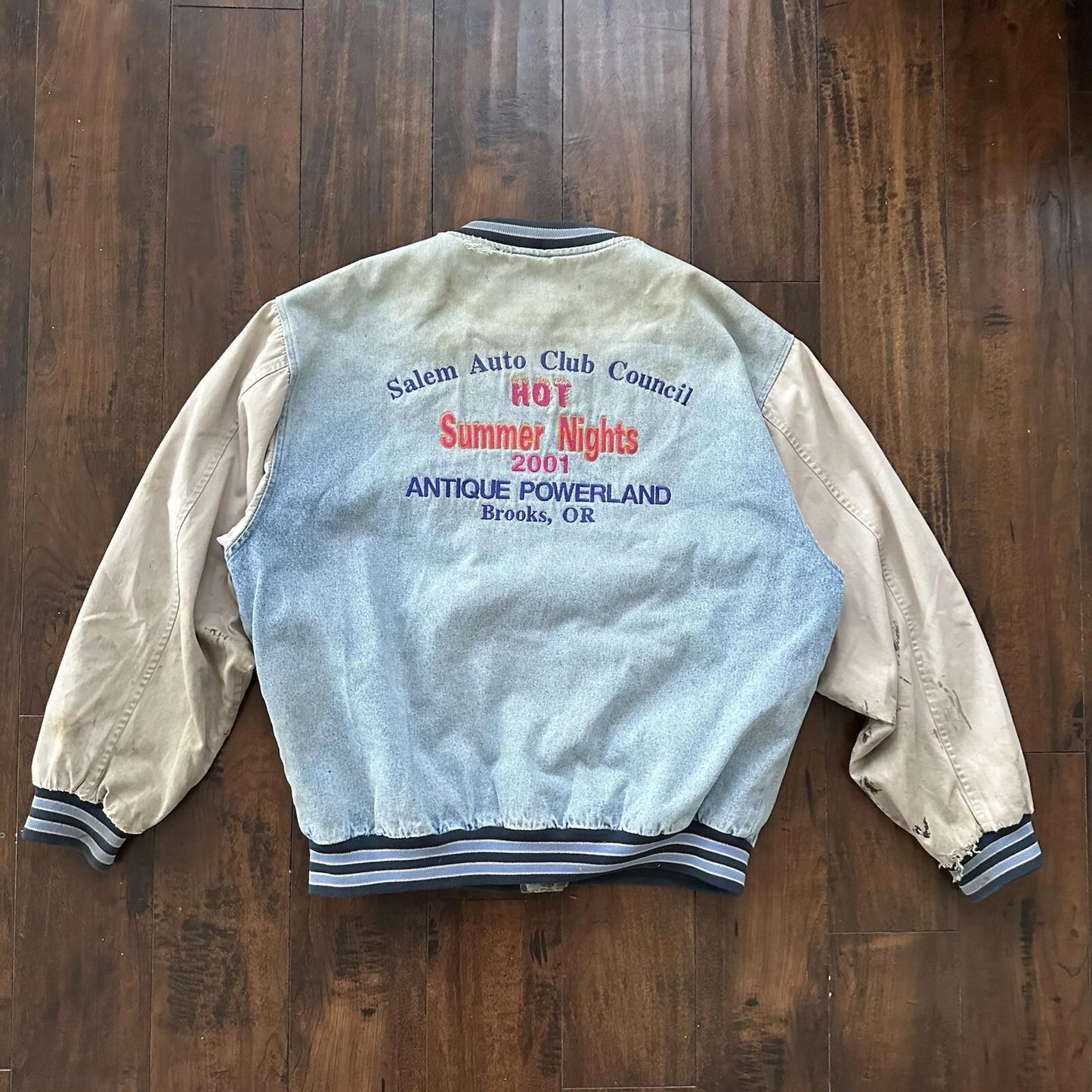 Vintage Oregon 90s Denim Varsity Jacket Bomber Salem Auto NASCAR Racing Thrashed