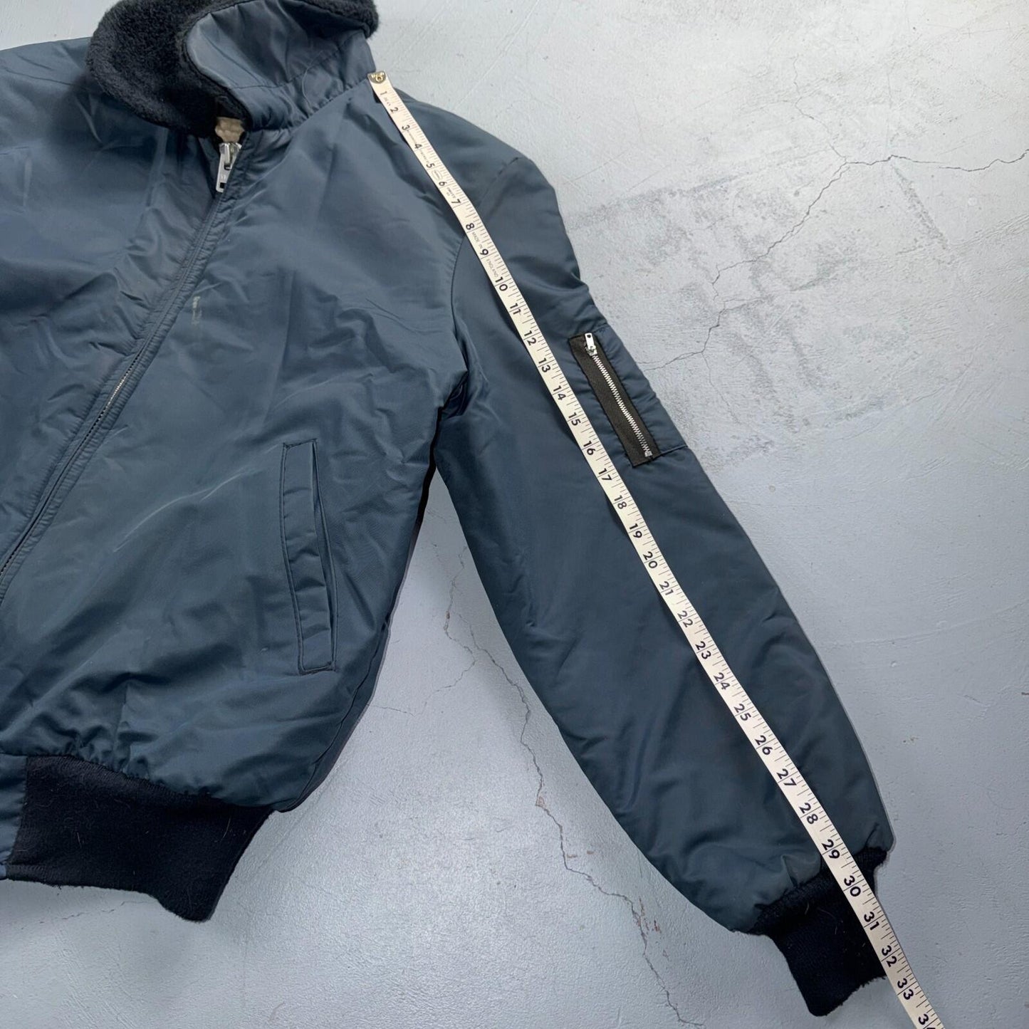 Vintage Wear-Guard Jacket Mens M Blue Bomber Faux Fur Collar Sherpa USA 80s
