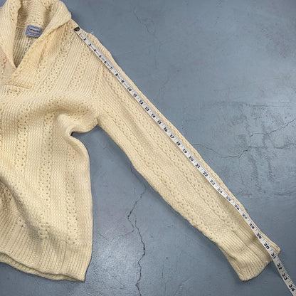 Penneys 1950s Wool Sweater Cream Shawl Collar Heritage Fisherman Knit Rockabilly
