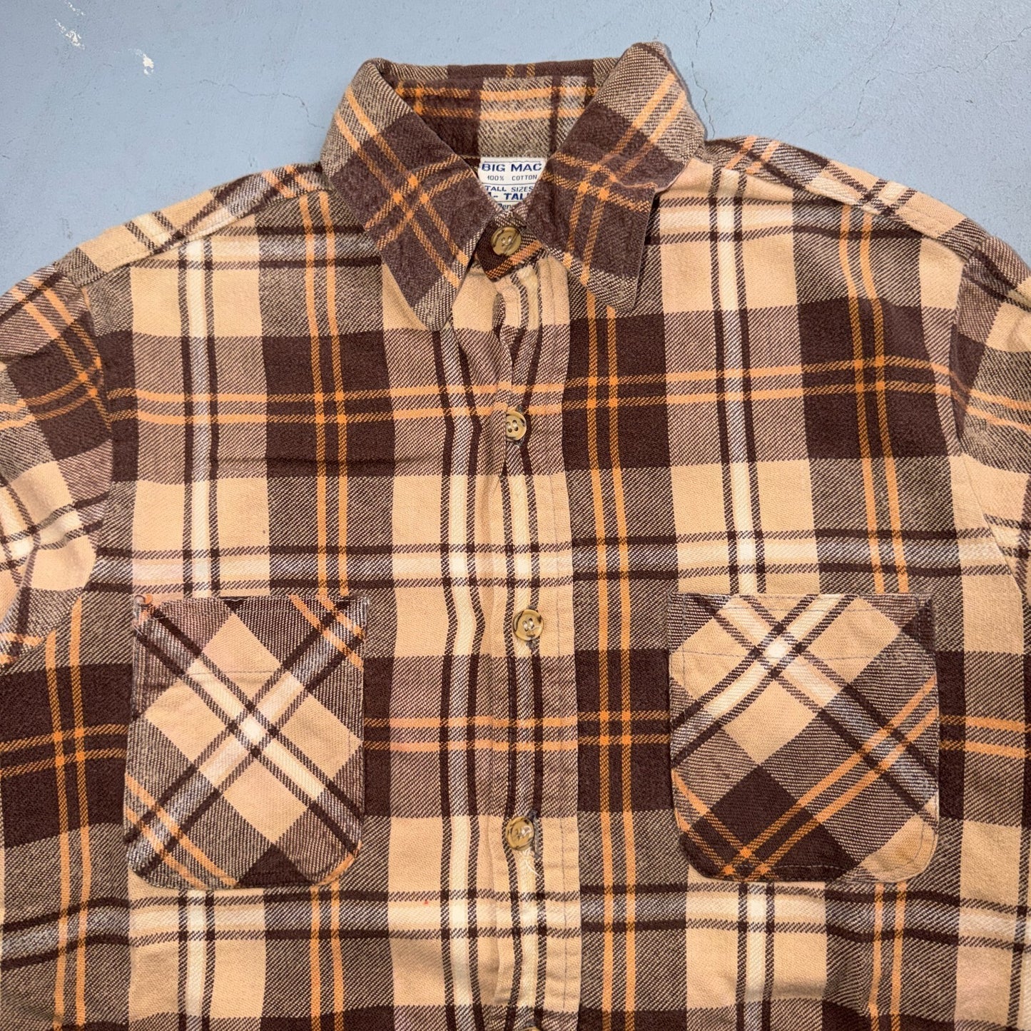 VTG 70s Big Mac Penneys Plaid Flannel Shirt Brown Tan Cotton Tall M USA Made