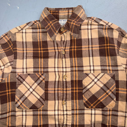 VTG 70s Big Mac Penneys Plaid Flannel Shirt Brown Tan Cotton Tall M USA Made