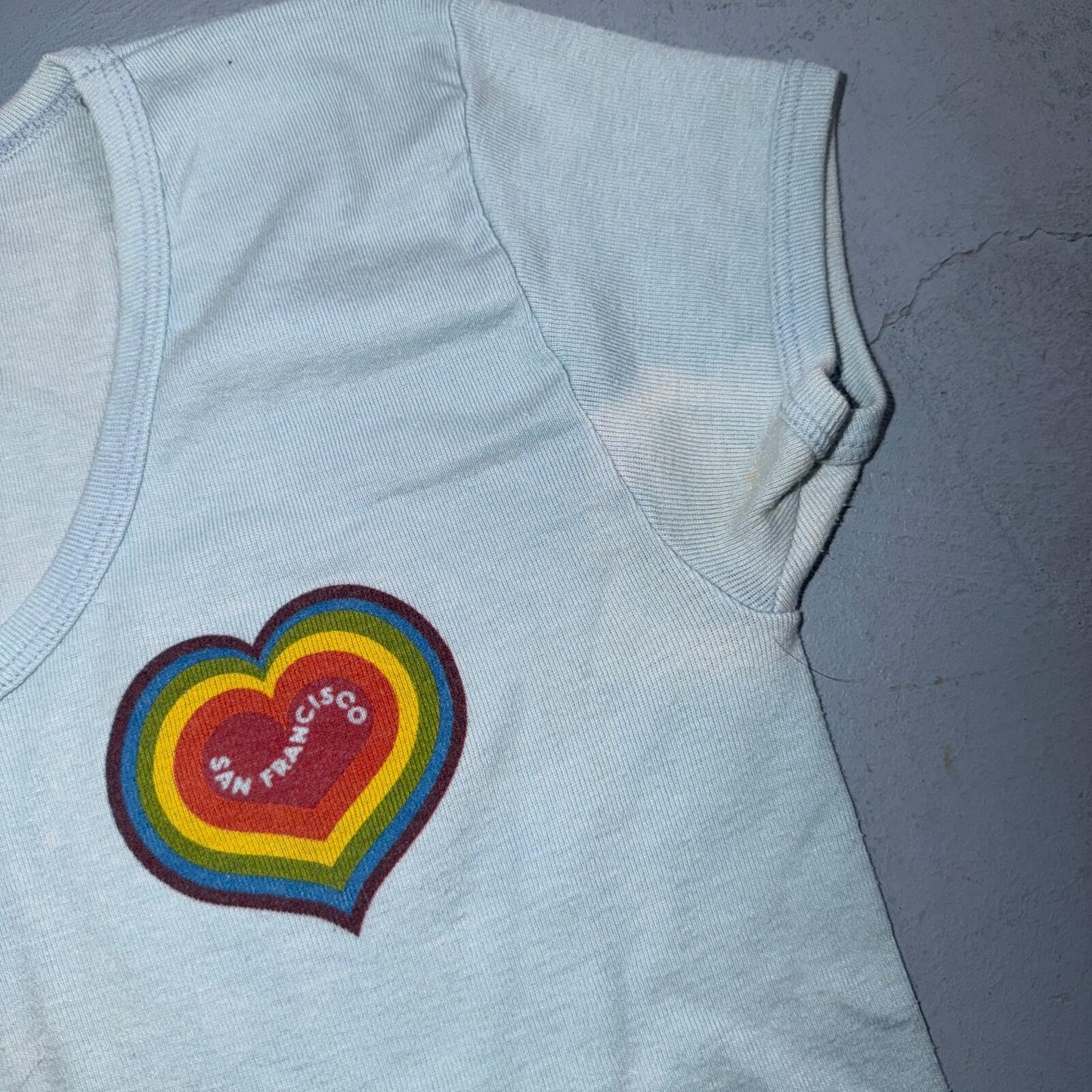 Vintage 70s San Francisco Heart Graphic LGBTQ T Shirt Blue Hippie Love All