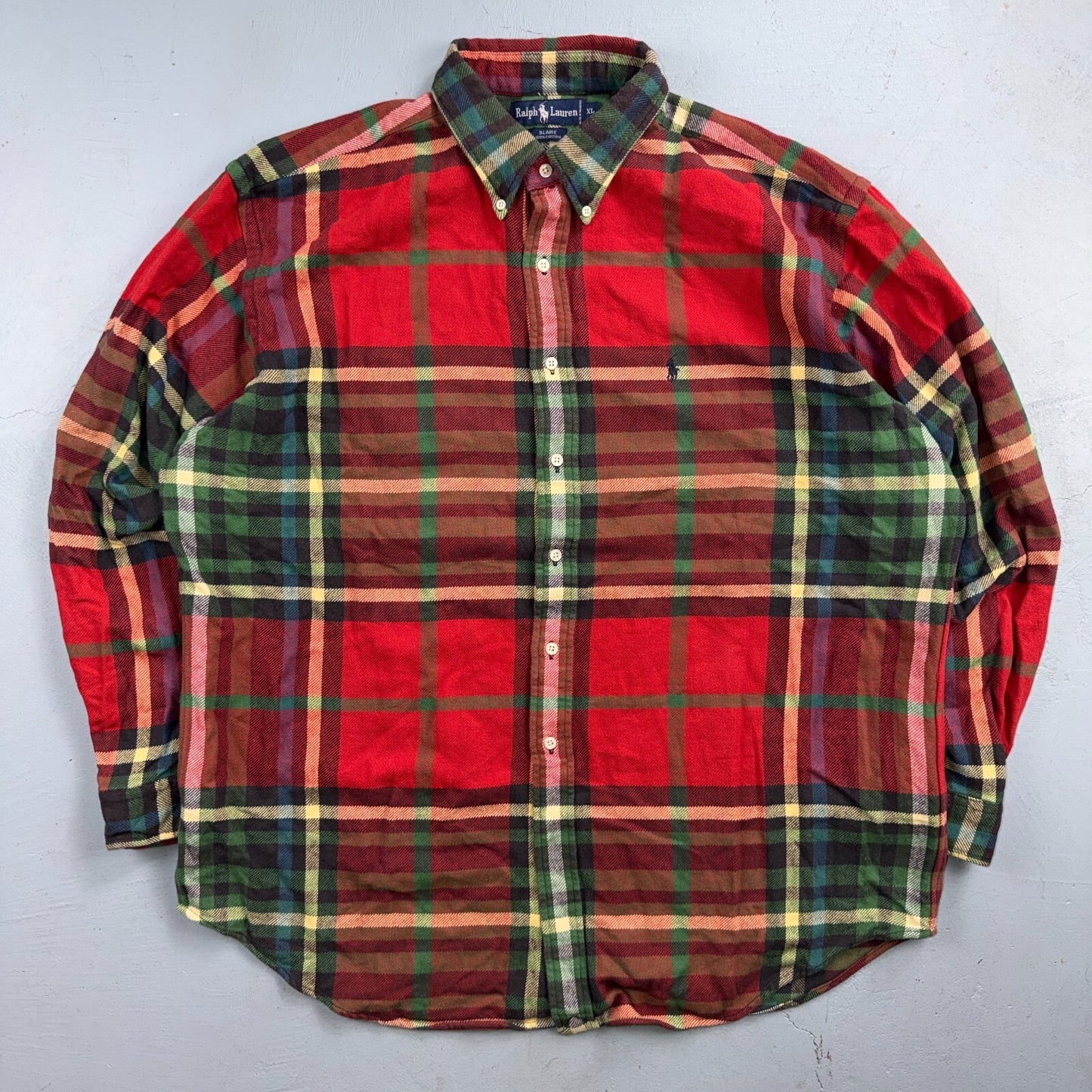 Ralph Lauren Blaire Red Green Plaid Flannel Button Down Shirt Mens XL Cotton 90s