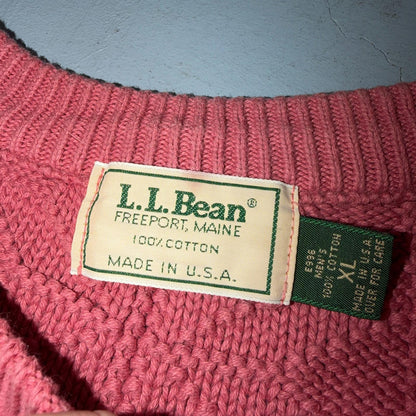 Vintage LL Bean Sweater Men XL Pink Crew Neck Fisherman Waffle Knit Cotton 80s