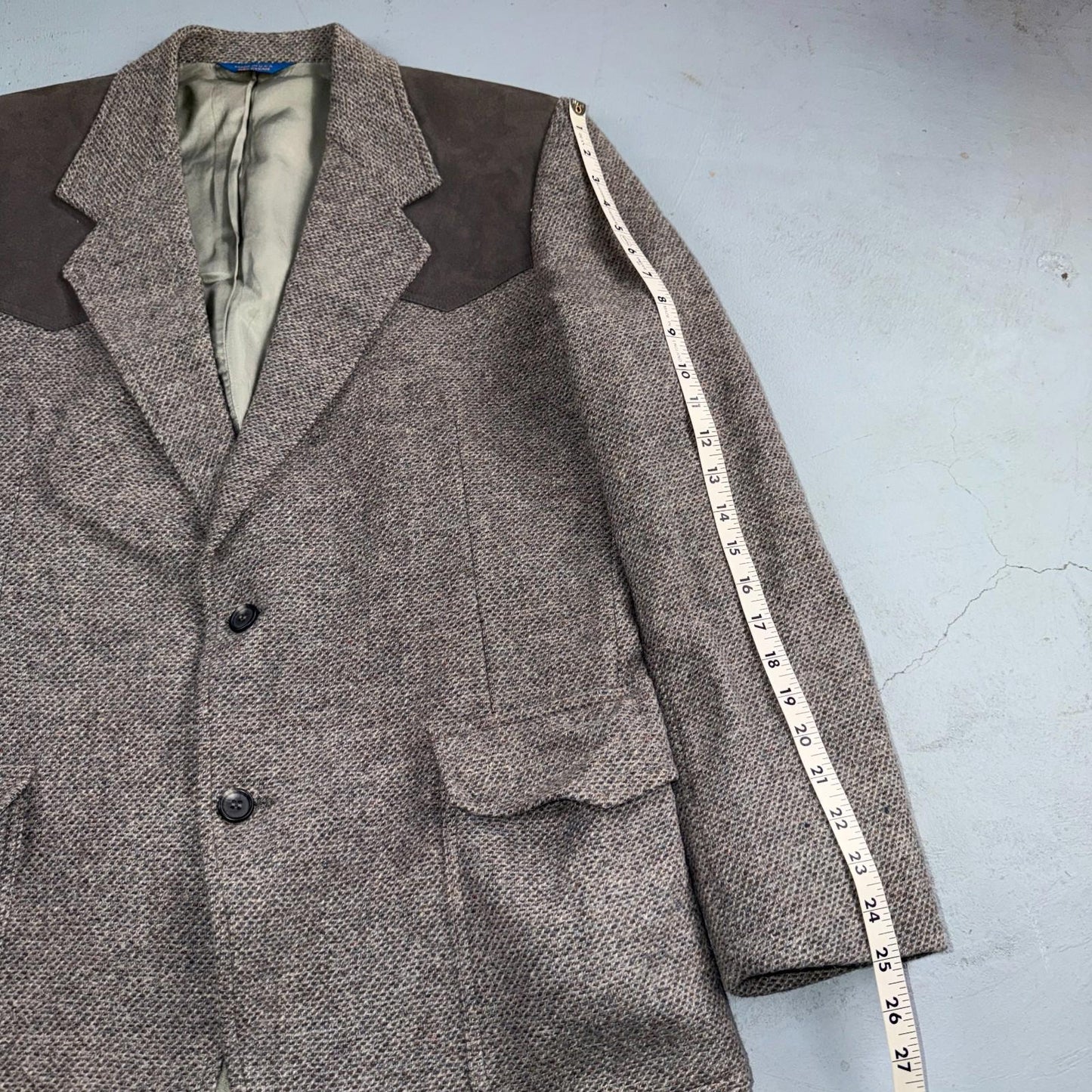 Pendleton Western Blazer Vintage Mens 42L USA Long Wool Gray Tweed Elbow Suede