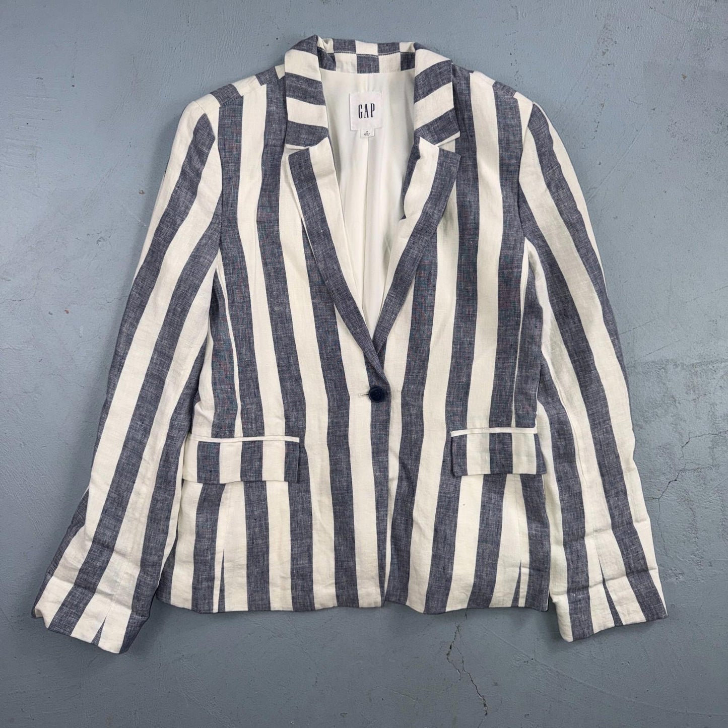 Gap Blazer Jacket Women's 4 Blue White Striped Linen Button Coastal Preppy