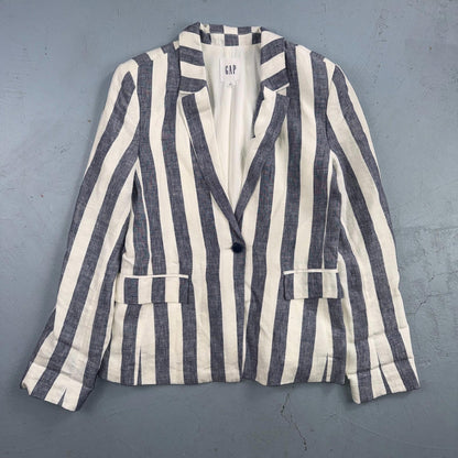 Gap Blazer Jacket Women's 4 Blue White Striped Linen Button Coastal Preppy