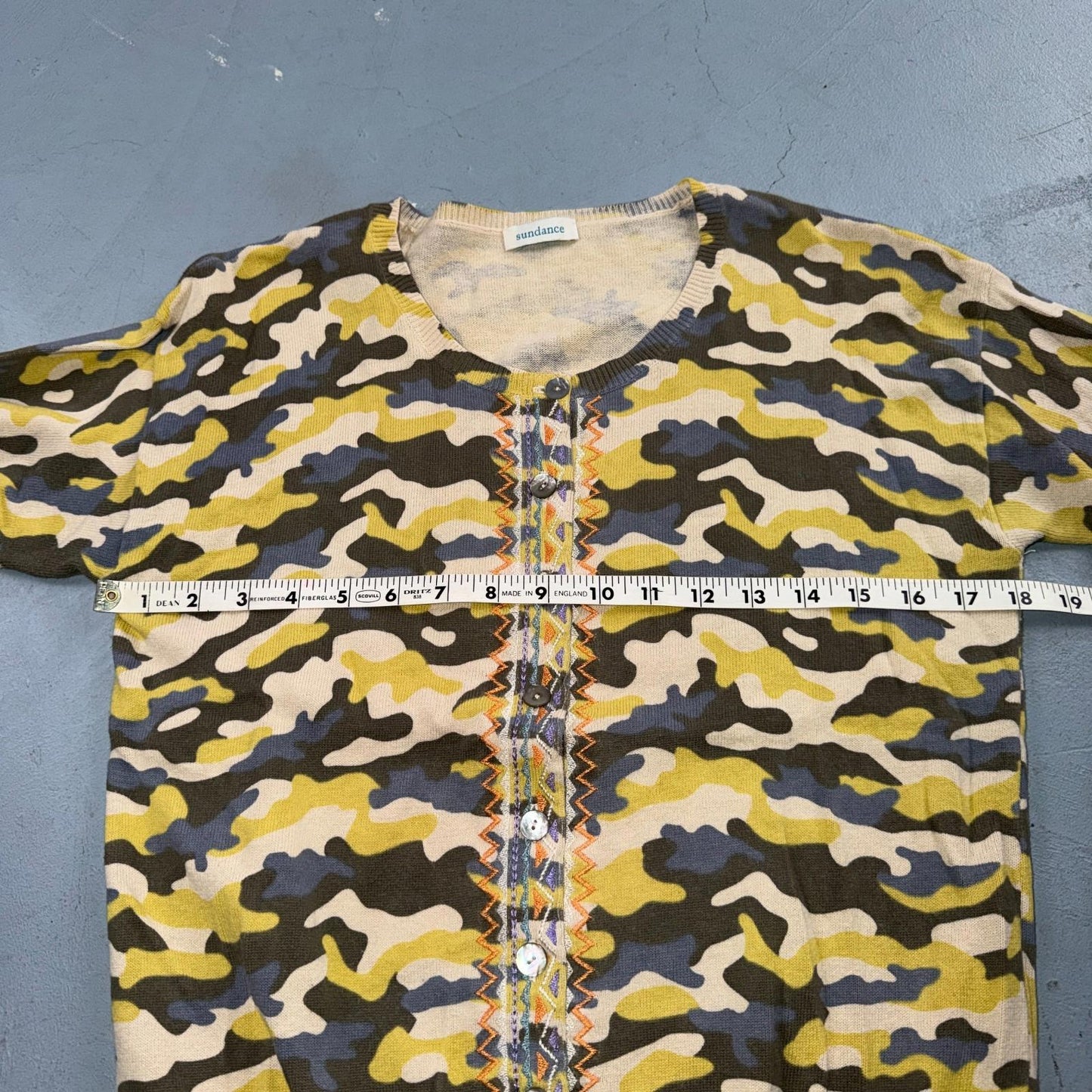 Sundance Tangier Camo Size Medium Yellow Button Down Cardigan Sweater Cute Y2K