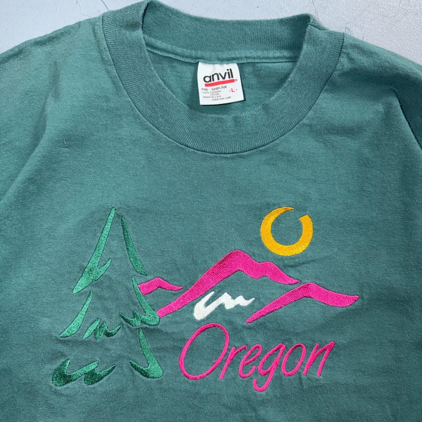 Oregon Anvil 90s VTG T Shirt Single Stitch Green Embroidery USA Trees Mountain