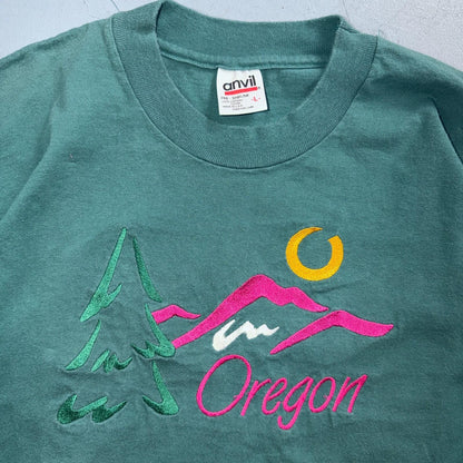 Oregon Anvil 90s VTG T Shirt Single Stitch Green Embroidery USA Trees Mountain