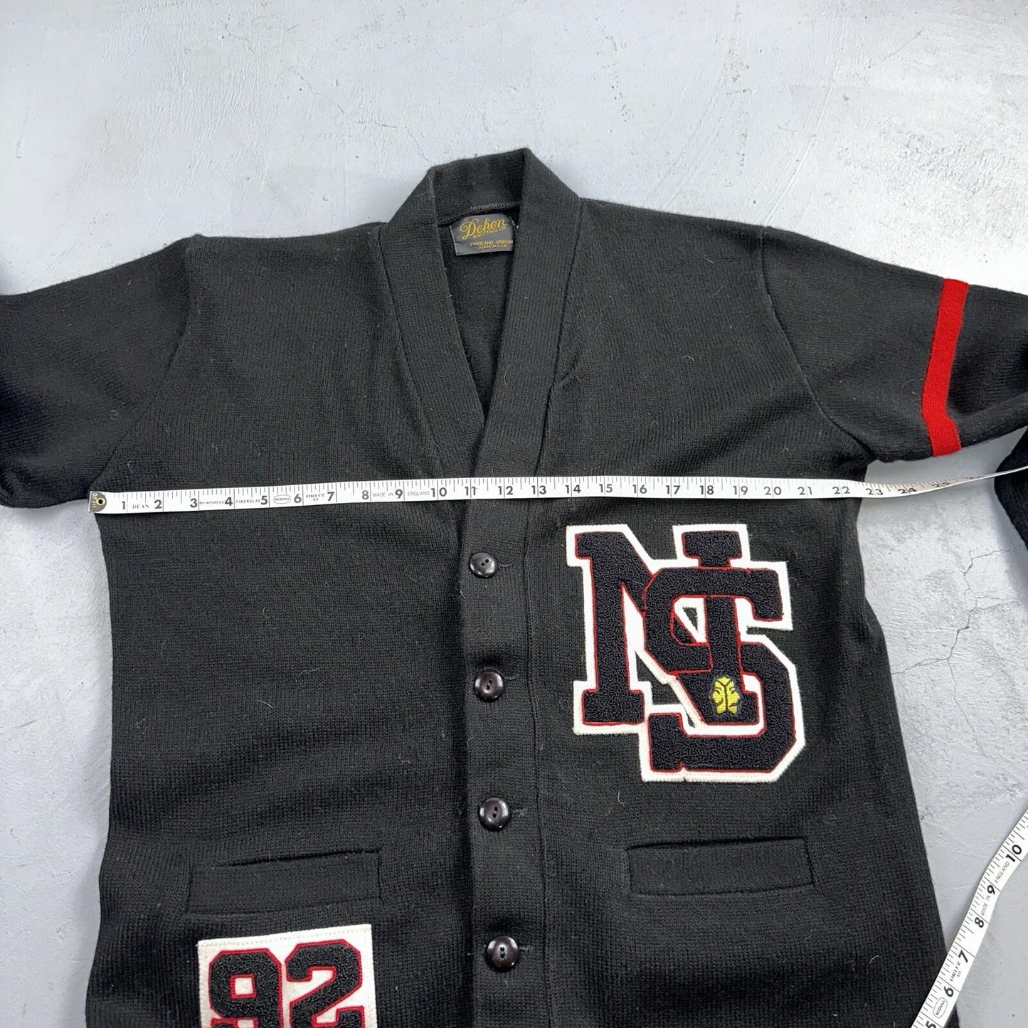 Vintage 1990s Dehen Varsity Letterman Cardigan Sweater Size 44 Black 1992 NS