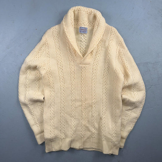 Penneys 1950s Wool Sweater Cream Shawl Collar Heritage Fisherman Knit Rockabilly