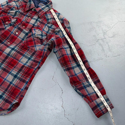 Pendleton VTG 100% Virgin Wool Western Plaid Shirt Pearl Snap Red High Grade