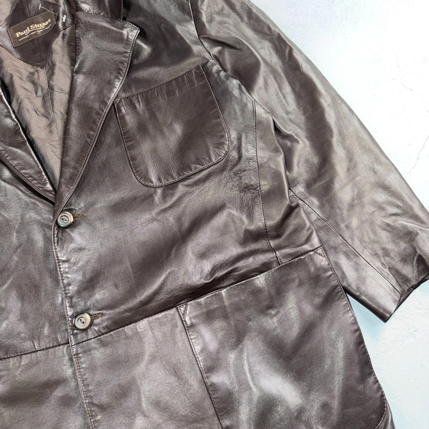 Paul Stuart Mens Vintage Brown Leather Jacket XL Chore Coat Pockets EUC Blazer