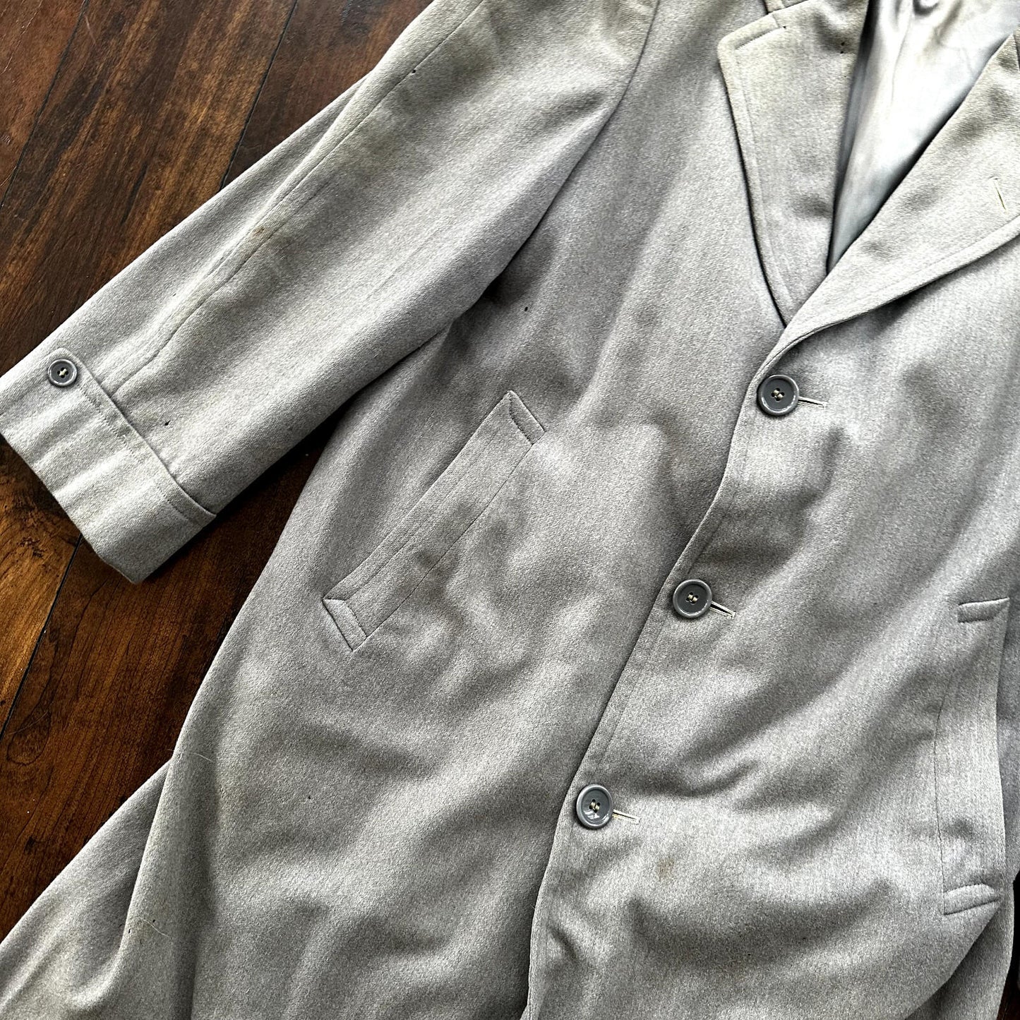 VTG 60s 50s Penneys Rockabilly Gray Wool Long Trench Coat Sz 40 Long Blazer