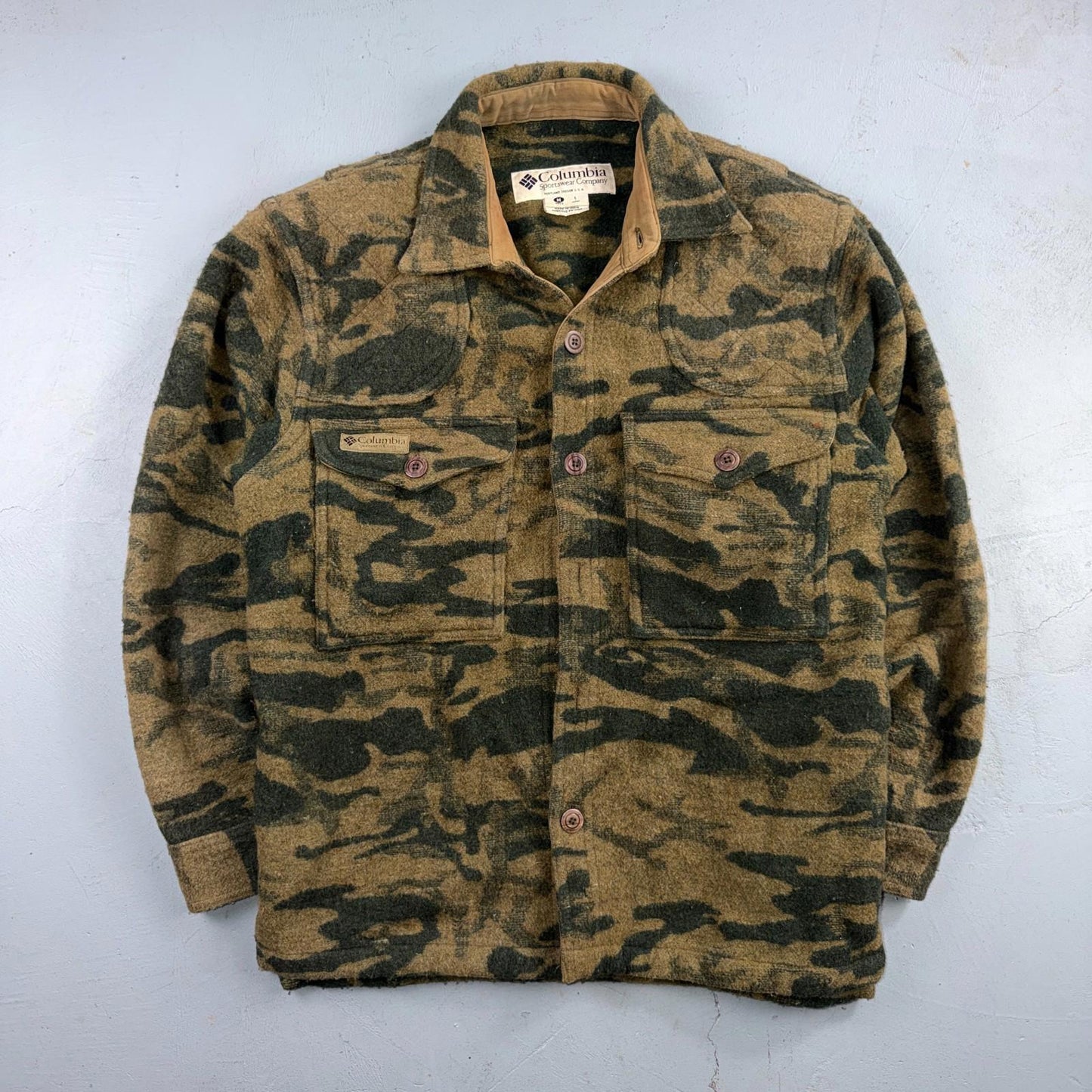 Columbia Gallatin Range Wool Blend Jacket Outfitter Brown Camo M Missing Buttons