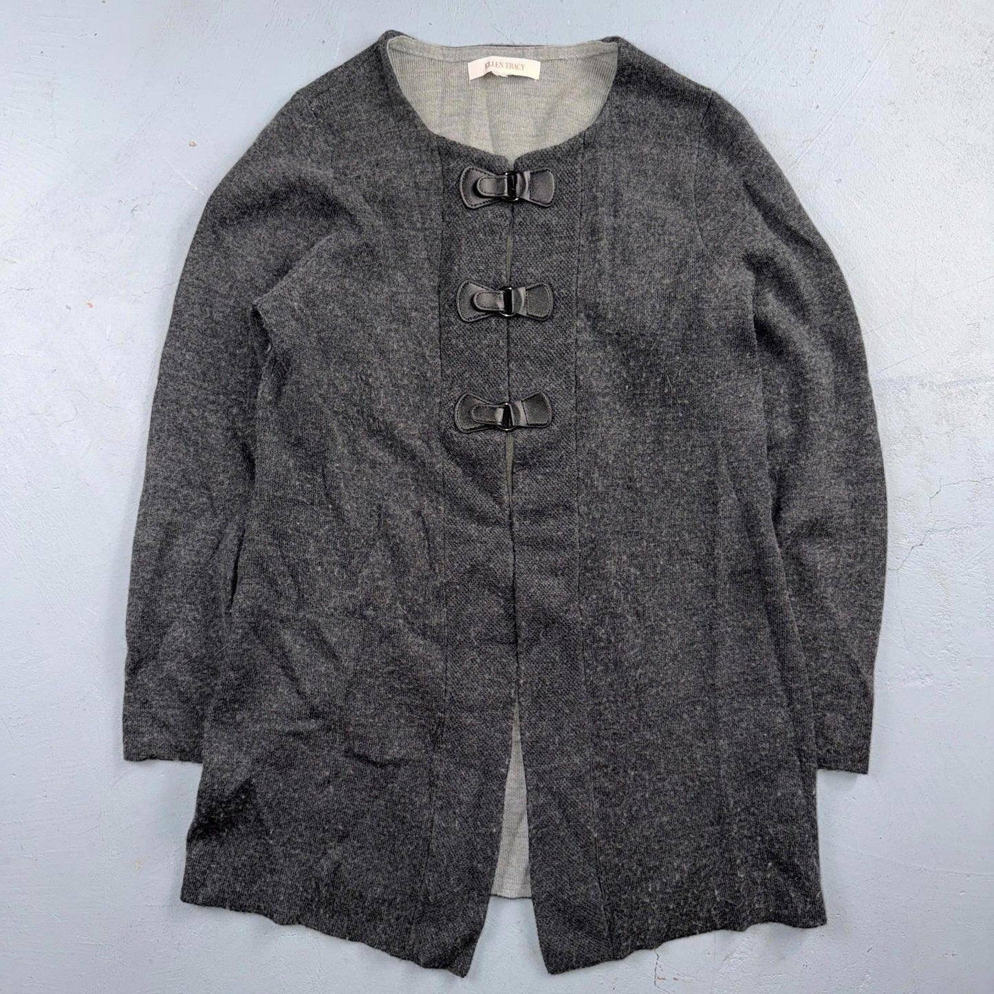ELLEN TRACY Sweater M Wool Cardigan Duster Coat Buckle Latch Double Knit Gray