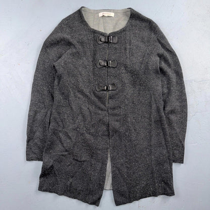 ELLEN TRACY Sweater M Wool Cardigan Duster Coat Buckle Latch Double Knit Gray
