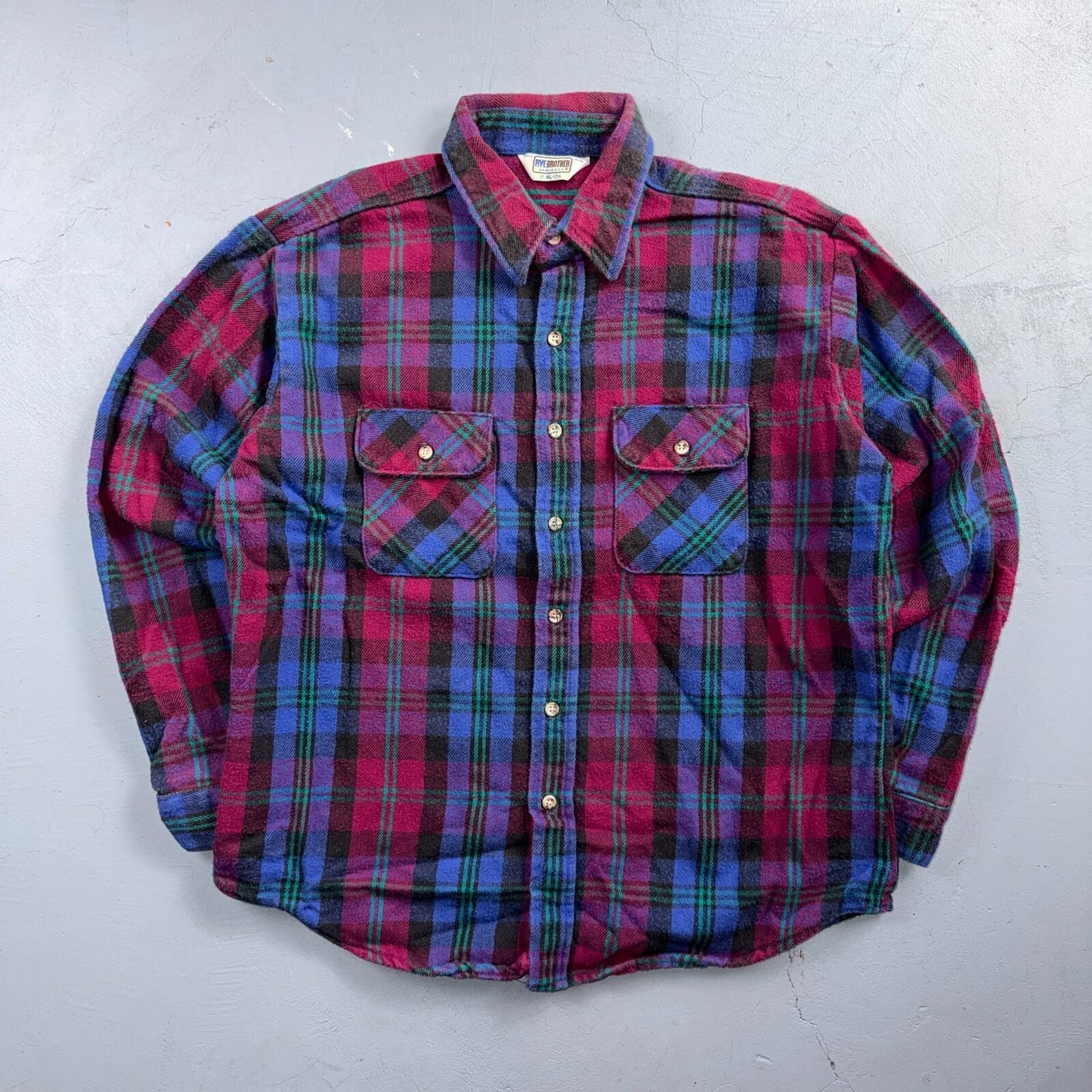 VTG Five Brother Shirt Mens XL Shadow Plaid Flannel USA Red 1980s 80s Blue Red