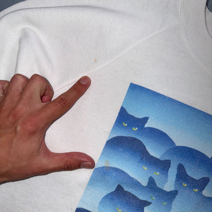 VTG Oneita 90s Blue Black Cats Art Sweatshirt White Graphic Crewneck Pullover