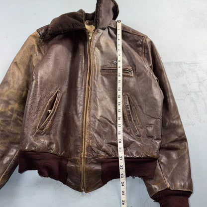 VTG WWII Horsehide Leather Zip Up Bomber Jacket Fur Collar 40s 50s A2 Civilian