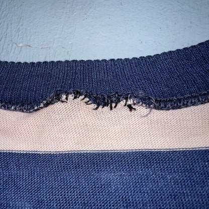 Blue Pink Rockabilly V Neck T Shirt 1970s Striped Basic Essential Single Stitch