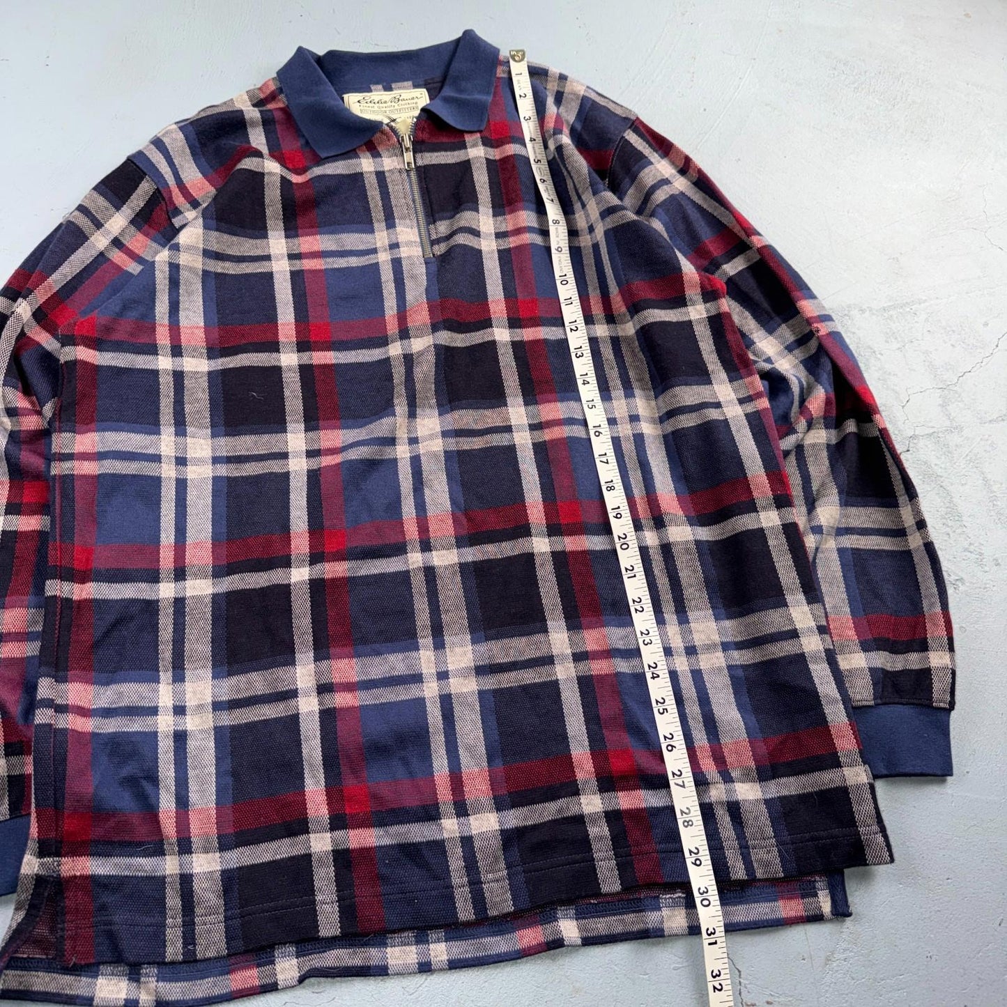 Vintage Eddie Bauer Plaid Quarter Zip Cotton Sweater Men’s M Red Blue Y2K