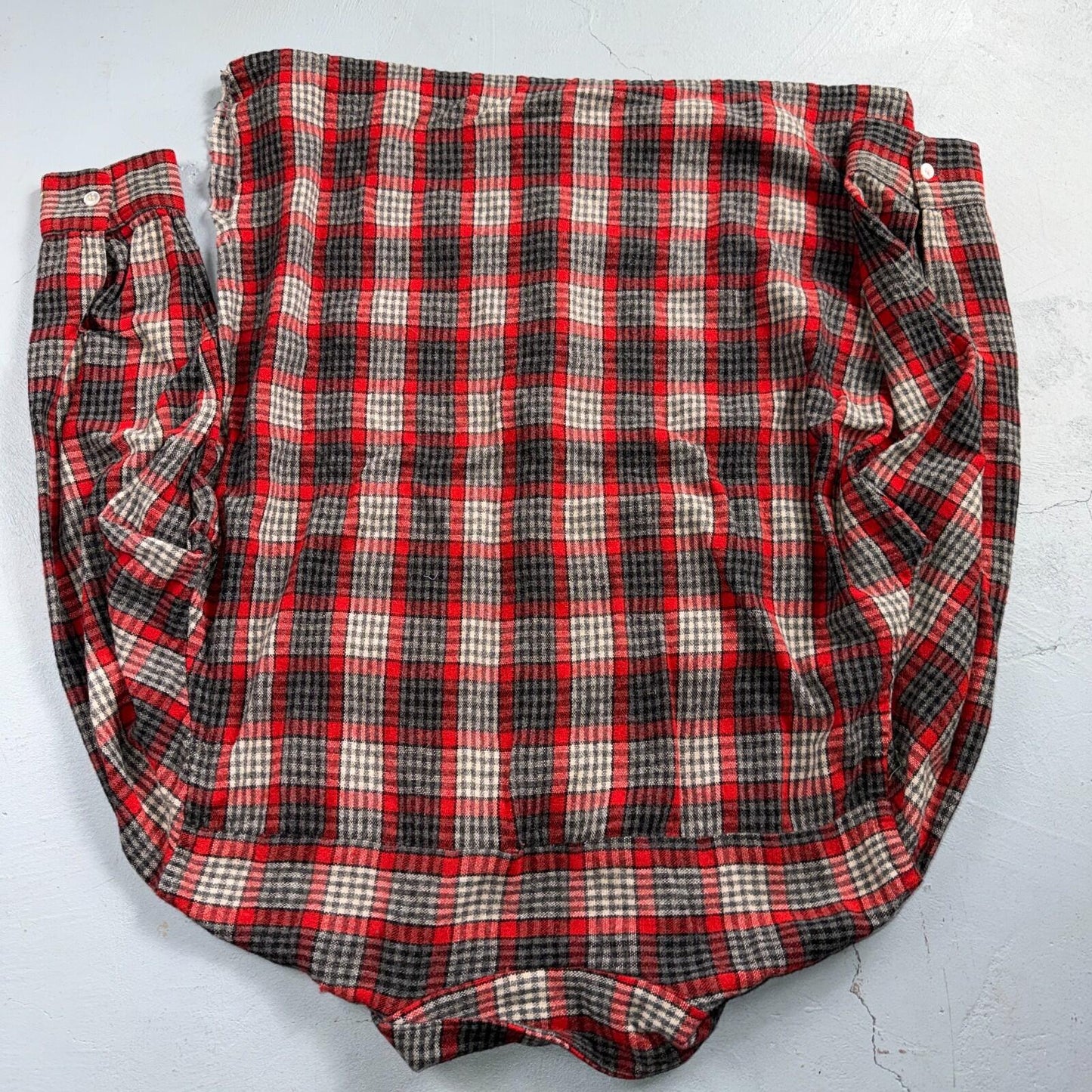 VTG XL 50s Penneys Shirt Red Plaid Wool Button Loop Collar Rockabilly 1950s Gray