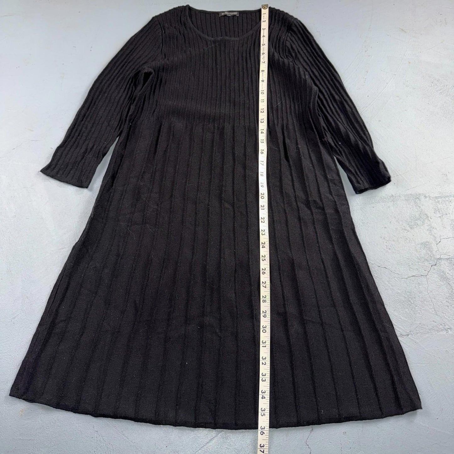 Eileen Fisher Wool Knit Ribbed and Pleated Black Shift Dress Cute Classy